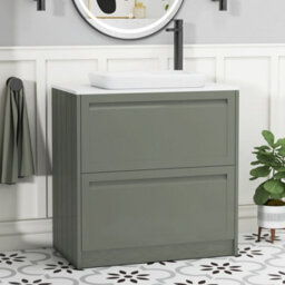 Royal Bathrooms Royal Bathroom Elmore 800mm Matt Green Freestanding Bathroom Vanity Unit 2 Drawer Plain White Worktop With Qubix Basin - thumbnail 1