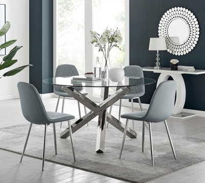 Furniturebox Uk Vogue Large Round Chrome Metal Clear Glass Dining Table And 4 Elephant Grey Corona Silver Dining Chairs Set - image 1