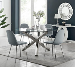 Furniturebox Uk Vogue Large Round Chrome Metal Clear Glass Dining Table And 4 Elephant Grey Corona Silver Dining Chairs Set - thumbnail 1
