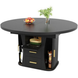 Abrihome Extendable Round Kitchen Table 118-158Cm Black, 3-Tier Storage, Seats 6, Dining Room - thumbnail 8