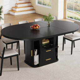 Abrihome Extendable Round Kitchen Table 118-158Cm Black, 3-Tier Storage, Seats 6, Dining Room