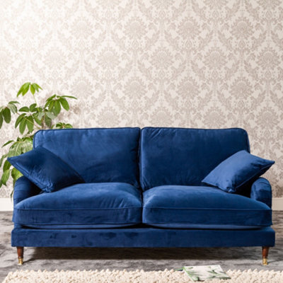 Mackenzie 188Cm Wide Marine Blue 3 Seat Velvet Fabric Sofa With Brass Coloured Wheel Tipped Walnut Coloured Wooden Legs
