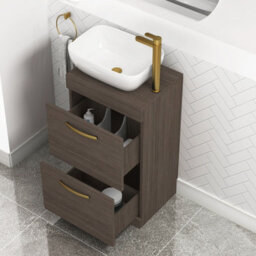 Royal Bathrooms 500mm Floor Standing Vanity Unit 2 Drawer Grey Elm & Countertop Basin - Elva With Brushed Brass Handle - thumbnail 3