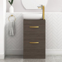Royal Bathrooms 500mm Floor Standing Vanity Unit 2 Drawer Grey Elm & Countertop Basin - Elva With Brushed Brass Handle - thumbnail 1