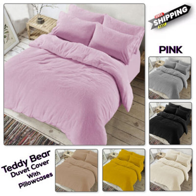 Chilimilii Teddy Bear Fleece Duvet Quilt Cover With Pillowcases Soft Warm Cosy Bedding Set (Pink)