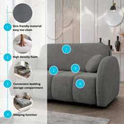 Viva Comfy Iv Grey Sofa Bed With Storage Compartment Particle Board Metal Legs Wooden Frame 172X103X85Cm - thumbnail 6