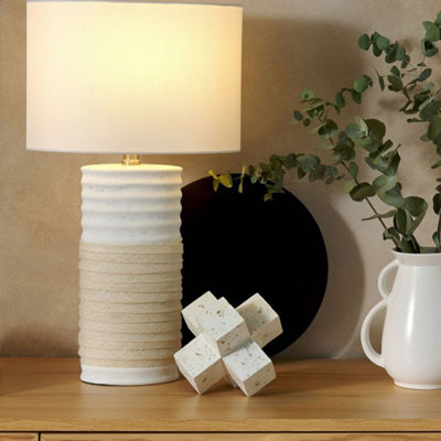 Beliani Table Lamp - Cream Porcelain Base, Beige Linen Drum Shade, E27 Compatible - image 1