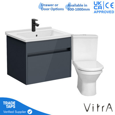 Vitra 600mm Wall Hung Bathroom Vanity Unit With 1 Drawer Includes Basin, Black Tap And Close Coupled Toilet Set - Grey Gloss - image 1