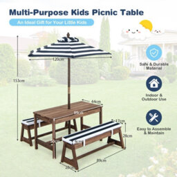 Costway 4 Pcs Wooden Kids Picnic Table Bench Children Outdoor Activity Desk W/ Umbrella - thumbnail 3