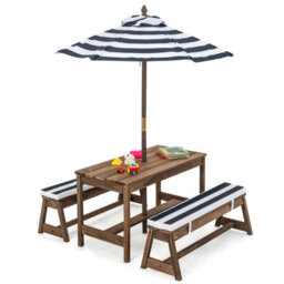 Costway 4 Pcs Wooden Kids Picnic Table Bench Children Outdoor Activity Desk W/ Umbrella - thumbnail 2