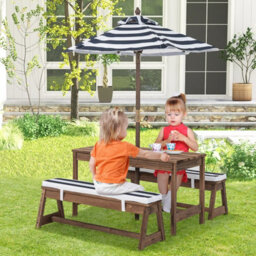 Costway 4 Pcs Wooden Kids Picnic Table Bench Children Outdoor Activity Desk W/ Umbrella - thumbnail 4