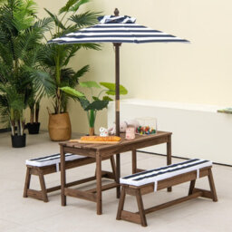 Costway 4 Pcs Wooden Kids Picnic Table Bench Children Outdoor Activity Desk W/ Umbrella - thumbnail 1