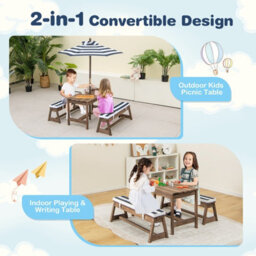 Costway 4 Pcs Wooden Kids Picnic Table Bench Children Outdoor Activity Desk W/ Umbrella - thumbnail 6