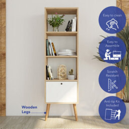 Bimossa Janus Wooden Bookcase With Cabinet, Compact 3-Shelf Bookshelf With Storage, Kids Bookshelf Or Modern Bookcase, White&oak - thumbnail 3