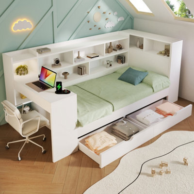 Btm 3Ft Single Daybed With Desk And Bookcase, Drawers And Usb Type To C, 90X190Cm, White - image 1