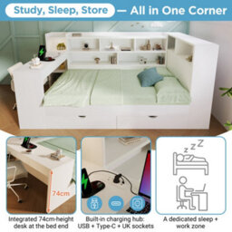 Btm 3Ft Single Daybed With Desk And Bookcase, Drawers And Usb Type To C, 90X190Cm, White - thumbnail 4