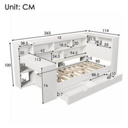 Btm 3Ft Single Daybed With Desk And Bookcase, Drawers And Usb Type To C, 90X190Cm, White - thumbnail 2