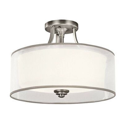 Elegant 3-Bulb Semi Flush Light With White Organza Shade In Antique Pewter Finish