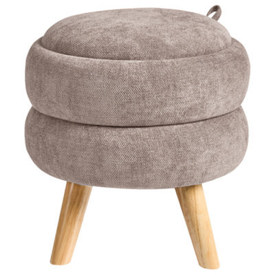 Wyld And Coco Taupe Chenille Pouffe With Hidden Storage And Reversible Lid 40 X 41 Cm Modern Round Stool - image 1