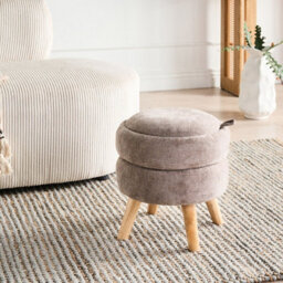 Wyld And Coco Taupe Chenille Pouffe With Hidden Storage And Reversible Lid 40 X 41 Cm Modern Round Stool - thumbnail 2