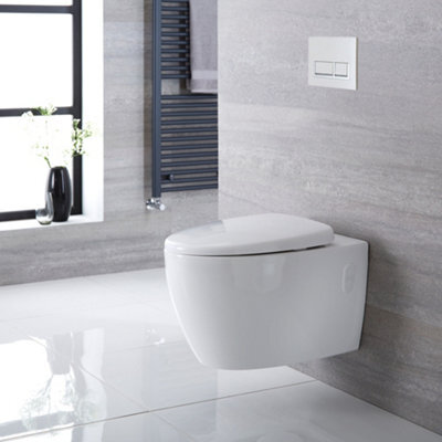 Homestylestore White Ceramic Bathroom Wall Hung Round Rimless Toilet Wc Tall Wall Frame And White Rectangular Flush Plate - image 1