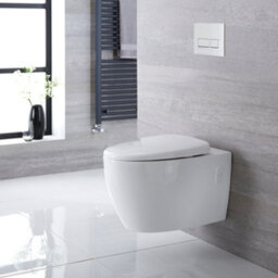Homestylestore White Ceramic Bathroom Wall Hung Round Rimless Toilet Wc Tall Wall Frame And White Rectangular Flush Plate