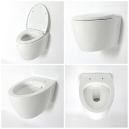 Homestylestore White Ceramic Bathroom Wall Hung Round Rimless Toilet Wc Tall Wall Frame And White Rectangular Flush Plate - thumbnail 2