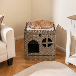 Foldable 2-Tier Rattan Cat Litter Box Enclosure W/ Litter Mat-Gray - thumbnail 4