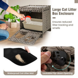Foldable 2-Tier Rattan Cat Litter Box Enclosure W/ Litter Mat-Gray - thumbnail 6