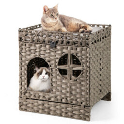 Foldable 2-Tier Rattan Cat Litter Box Enclosure W/ Litter Mat-Gray - thumbnail 1