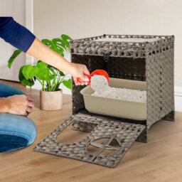 Foldable 2-Tier Rattan Cat Litter Box Enclosure W/ Litter Mat-Gray - thumbnail 3