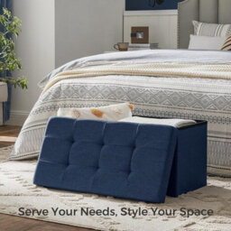 Songmics Small Ottoman With Storage, Foldable Foot Rest, Ideal For Living Room, Entryway, Bedroom, Dark Blue - thumbnail 1