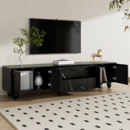 Btm 180Cm Black Tv Cabinet With Wooden Legs, Minimalist Design And Large Storage - thumbnail 4