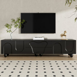 Btm 180Cm Black Tv Cabinet With Wooden Legs, Minimalist Design And Large Storage - thumbnail 2