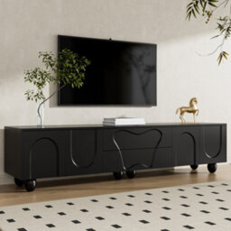 Btm 180Cm Black Tv Cabinet With Wooden Legs, Minimalist Design And Large Storage - thumbnail 3