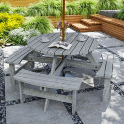 Outsunny 8 Seat Outdoor Wooden Picnic Table With Bench, Parasol Hole, Grey - thumbnail 1