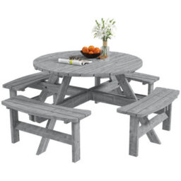 Outsunny 8 Seat Outdoor Wooden Picnic Table With Bench, Parasol Hole, Grey - thumbnail 2