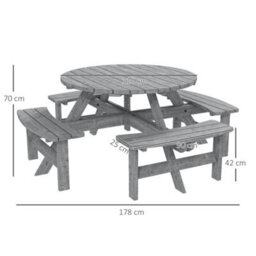 Outsunny 8 Seat Outdoor Wooden Picnic Table With Bench, Parasol Hole, Grey - thumbnail 3