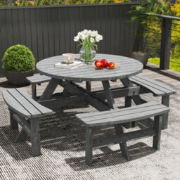 Outsunny 8 Seat Outdoor Wooden Picnic Table With Bench, Parasol Hole, Grey - thumbnail 8