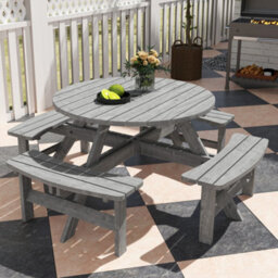 Outsunny 8 Seat Outdoor Wooden Picnic Table With Bench, Parasol Hole, Grey - thumbnail 9
