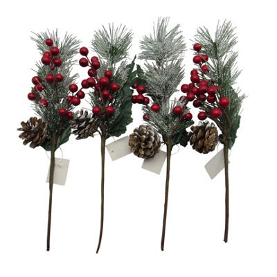 SecureFix Direct Christmas Artificial Snowy Yew Branch Decoration X4 (Festive Berries Plant Ornament Pine Cone)