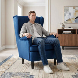 Blue Modern Accent Chair, Upholstered Wingback Armchair With Wood Legs - thumbnail 4