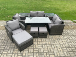 Fimous Pe Rattan Garden Furniture Set Outdoor Height Adjustable Rising Lifting Dining Table Chair With 2 Side Tables - thumbnail 1