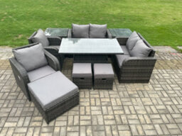 Fimous Pe Rattan Garden Furniture Set Outdoor Height Adjustable Rising Lifting Dining Table Chair With 2 Side Tables - thumbnail 2
