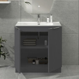 Royal Bathrooms Evora 800mm Graphite Grey Fluted Floor Standing Bathroom Vanity Unit 2 Door Cabinet Storage With Ceramic Basin Sink - 1 Tap Hole - thumbnail 3