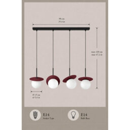 Luminosa Lighting Luminosa Aura Bar Pendant Ceiling Light Black, Burgundy White Glass Shade 4X E27 - thumbnail 4