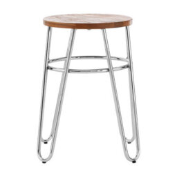 Orsina Chrome Metal And Elm Wood Round Stool, Small Hairpin Stool, Sturdy Stool For Lounge, Bedroom, Bar Stool - thumbnail 1