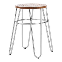 Orsina Chrome Metal And Elm Wood Round Stool, Small Hairpin Stool, Sturdy Stool For Lounge, Bedroom, Bar Stool - thumbnail 2