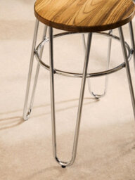 Orsina Chrome Metal And Elm Wood Round Stool, Small Hairpin Stool, Sturdy Stool For Lounge, Bedroom, Bar Stool - thumbnail 7