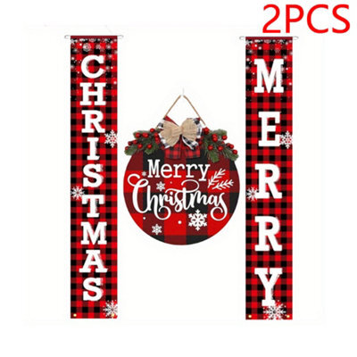CLEFFNS Buffalo Plaid Merry Christmas Door Decor Set 30X180Cm 100D Christmas Porch Banner Couplets With Wooden Merry Christmas Wreath Sign - image 1